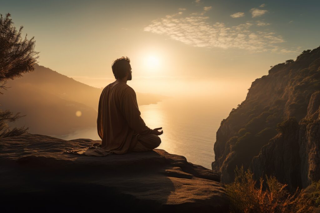 A person meditating on a cliff at sunrise, symbolizing peaceful energy and distance healing by Prakash The Healing Light in Indirapuram.